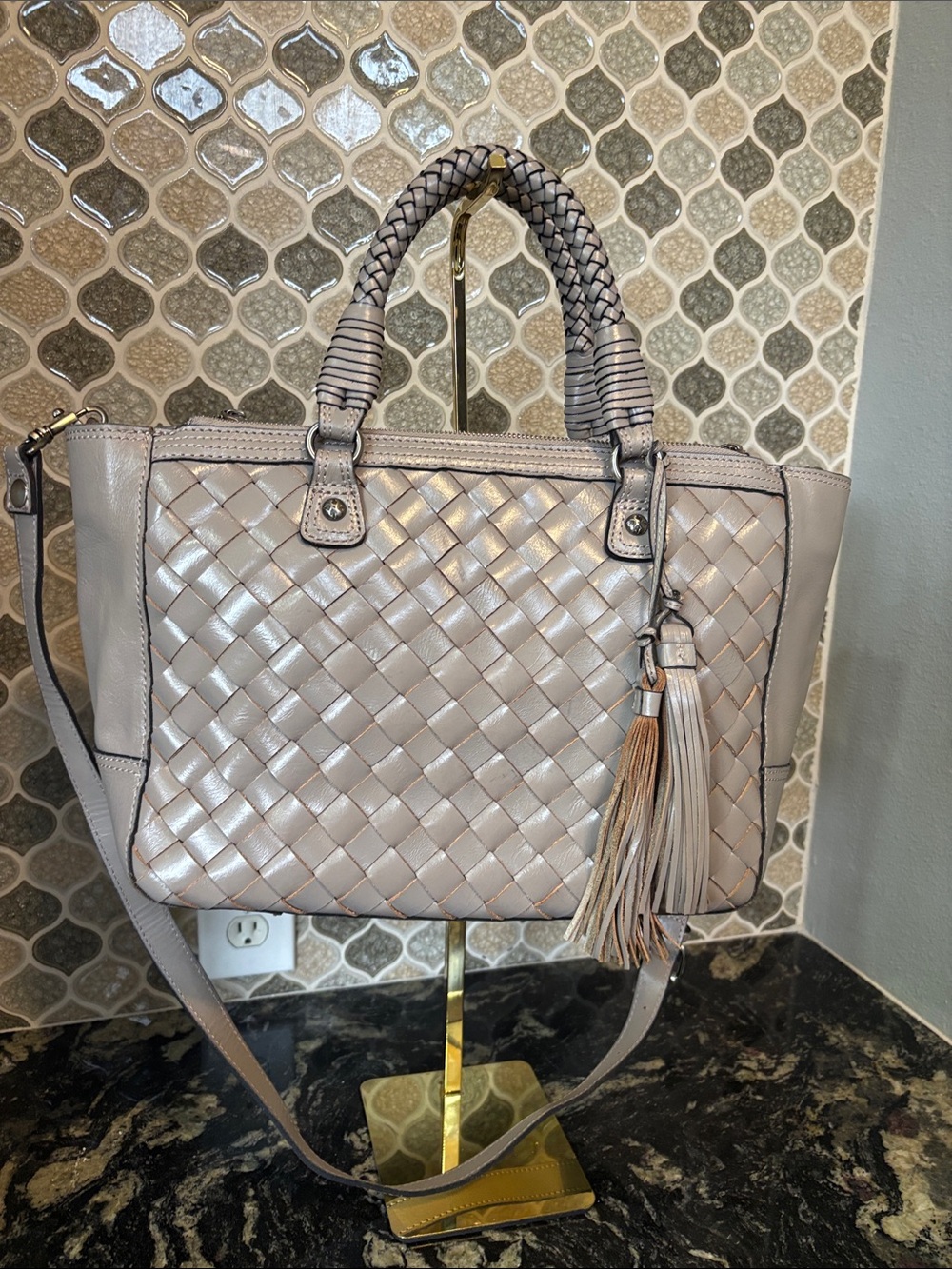 Patricia Nash Woven Satchel in Light Taupe